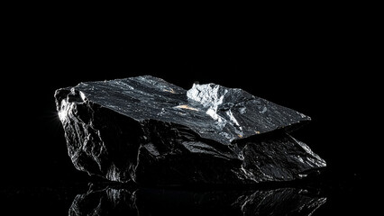 Naklejka premium Wet Jagged Dark Rock with Shiny Surface and Reflection on Black Background