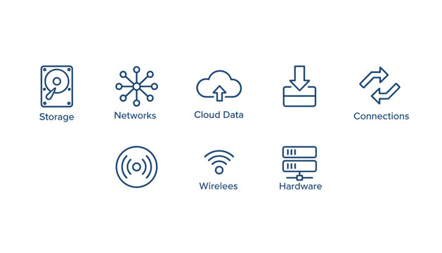 Collection of dark blue outline technology icons including storage, network hub, cloud data, and server hardware.