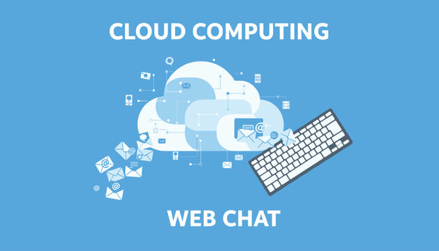 Cloud computing and web chat illustration showcasing database storage, emails, and a keyboard on blue background.