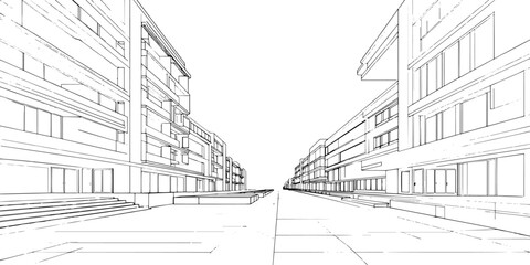 Fototapeta premium Black and white sketch of an urban street with buildings, houses, bridge and road, vintage city architecture illustration with architectural details