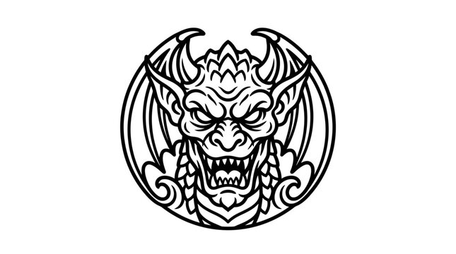 Angry demon face with horns and wings.