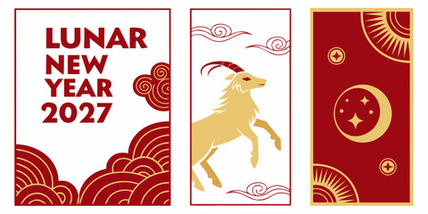 Lunar new year 2027 minimalist vertical banners with golden goat motif and cloud patterns celebration festival cultural traditional greeting template ornament prosperity horoscope © Shaon