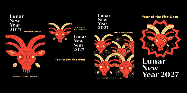 Lunar new year 2027 year of the fire goat pattern and card designs with horoscope template celebration traditional prosperity astrology illustration minimalist decorative greeting