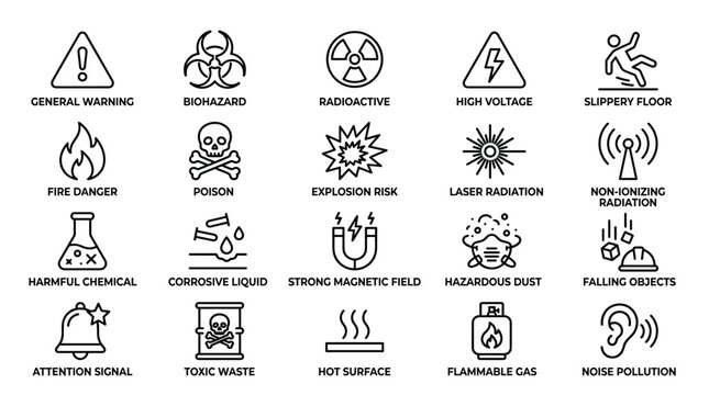 Warning and hazard safety signs vector icon set featuring biohazard radioactive high voltage and dangerous workplace alert symbols for industrial warning.