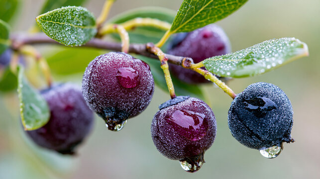 A branch with deep purple berries glistening with morning dew, macro detail.