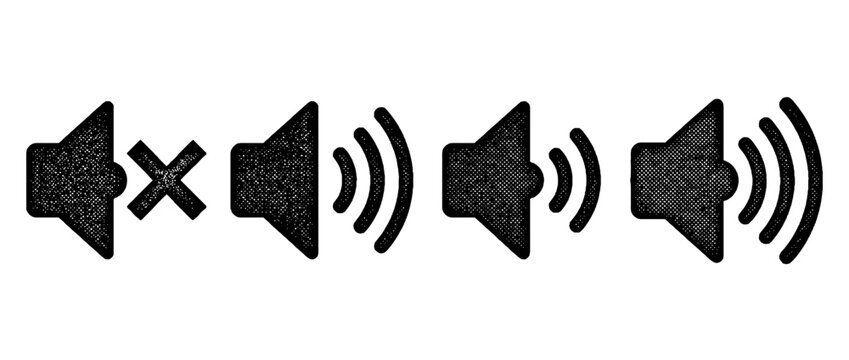 Illustration of volume control icons in vector halftone style, showcasing various sound wave patterns that represent sound modulation and volume adjustment.