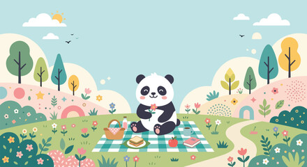 A cute panda sits on a checkered blanket in a colorful meadow, enjoying a sunny picnic surrounded by rolling hills and vibrant flowers. © Regina