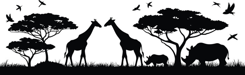 African Safari Silhouette Scene with Giraffes Rhinos and Birds in Acacias vector illustration © MdRayhan