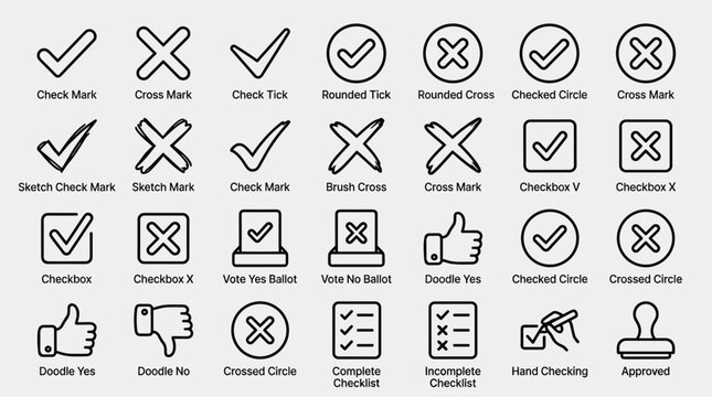 Wide array of check mark and cross mark icons, including sketch, brush, and doodle styles, alongside voting ballots and checklist graphics for various applications.