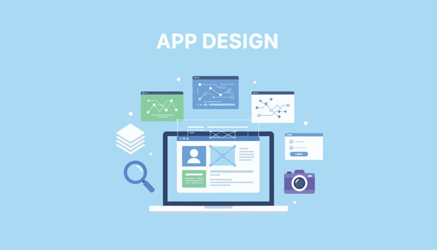 App design flat vector illustration with laptop showing interface layout and floating icons on a light blue background.