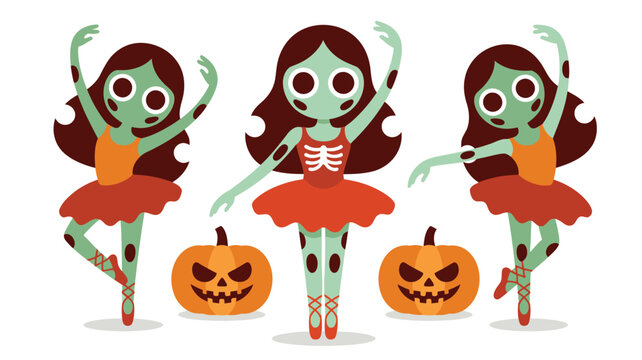 Three zombie ballerinas in orange tutus dancing with spooky pumpkins on a white background