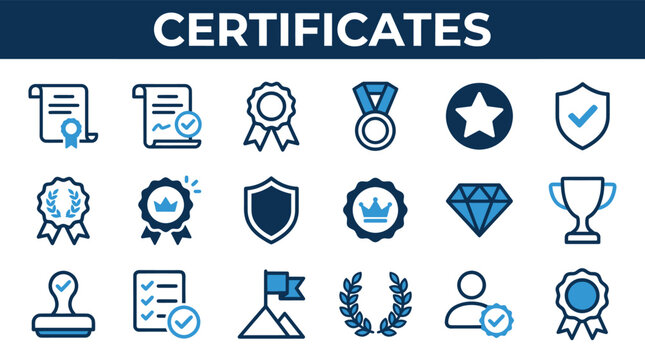 Certificate and quality badge icon set. Vector outline graphics containing diploma scrolls, reward medals, premium stamps, verification seals, success trophies, and achievement symbols.