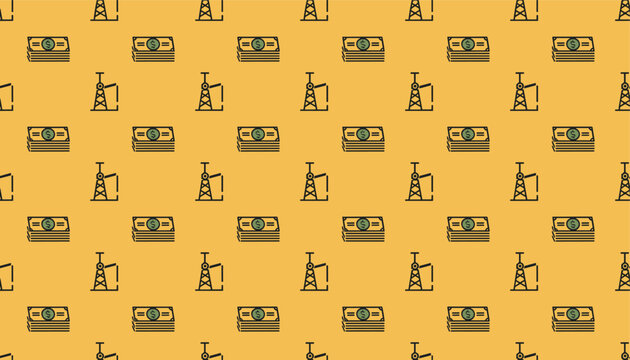 Seamless industrial pattern featuring oil derricks and stacks of money banknotes over a warm golden background.