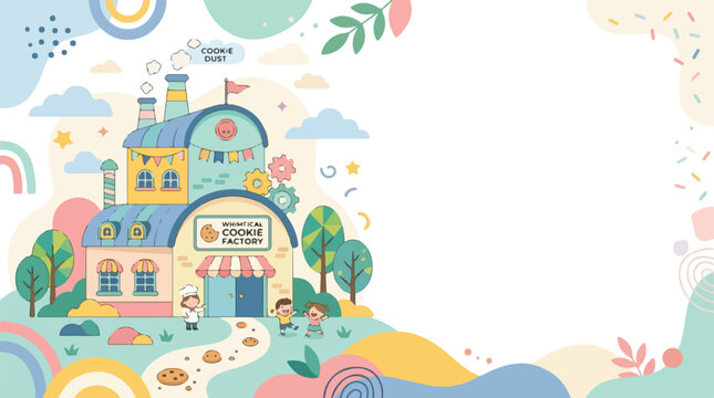 A whimsical pastel illustration of a cookie factory with a baker, children, and colorful abstract elements, featuring ample white space for copy.