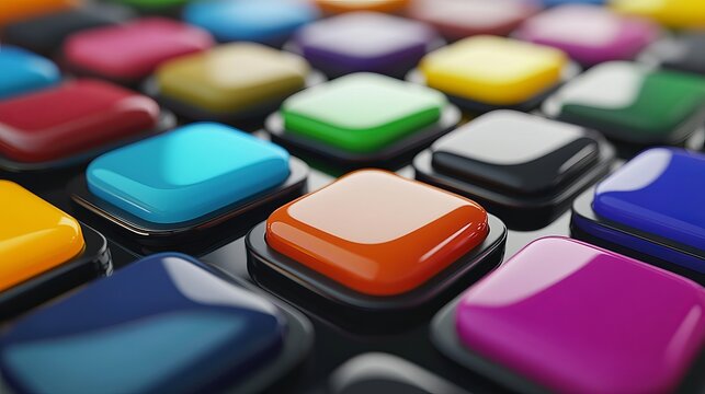 Multiple glossy square buttons arranged in a grid pattern featuring vibrant colors and soft depth of field for modern interfaces