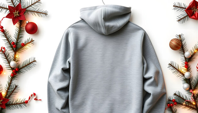 Banner Close up blank template shirt, gray sweatshirt hoodie with copy space. Christmas Holiday concept. Top view mockup sweater isolated on white background. Happy New Year decorations. Xmas jamper