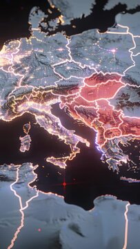 Vertical video: Tilting camera showing 3D Italy map pulsing coasts to show red glow and purple arcs
