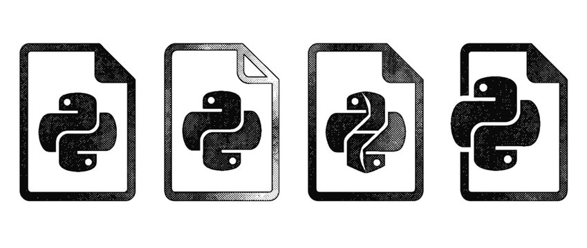 This image features a collection of vector halftone Python document icons depicting various file formats, stylized for modern digital design and coding themes.