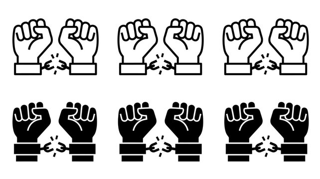 Set of broken handcuffs icons, vector illustration of freedom from prison, liberation concept, hands with shattered shackles, isolated on white background