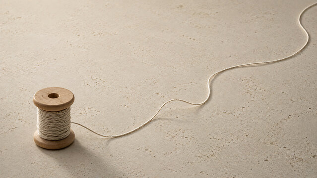 Wooden thread spool with string trailing on textured beige surface creative handmade material needlework workshop accessory trailing minimalist background business production industry