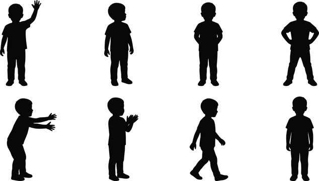 Little boy silhouettes set featuring a toddler waving walking clapping reaching and standing in various poses.