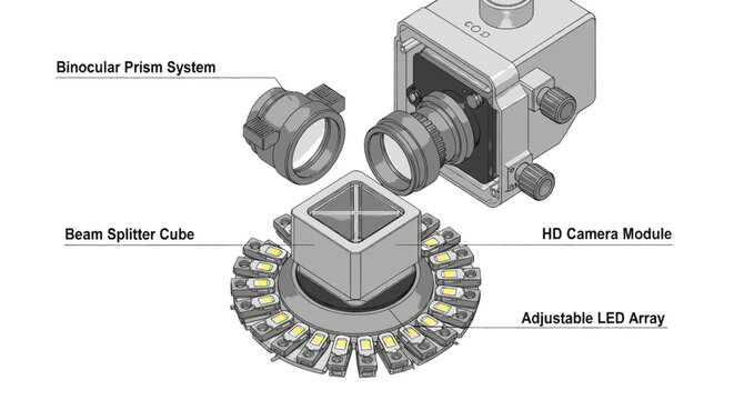 Vector illustration of detailed diagram of a binocular prism system with hd camera module