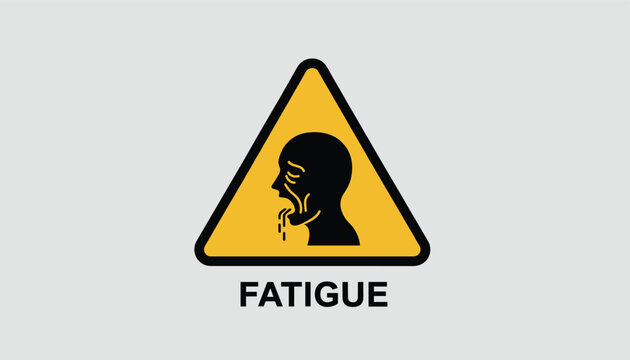 Warning sign indicating fatigue with a black silhouette of an exhausted yawning person inside a yellow triangle.