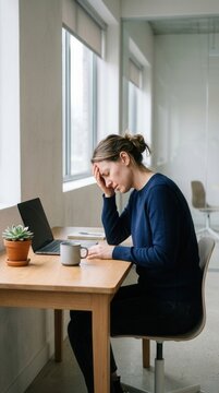Stressed Woman Working At Desk With Laptop And Coffee Mug