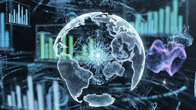 Futuristic Data Visualization Background - The video shows a futuristic, high-tech display with a glowing earth-like sphere and data visualizations floating against a dark background.