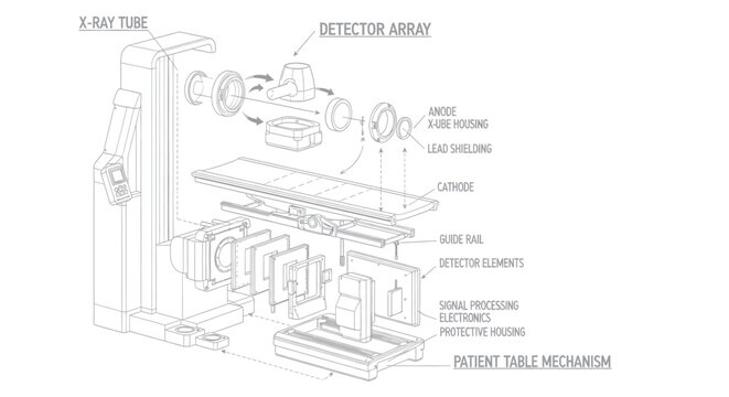 Vector illustration of detailed diagram of xray tube and detector array mechanism