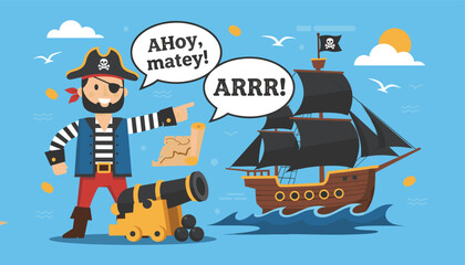 Naklejka premium Smiling cartoon pirate mascot standing by his cannon and treasure map with a majestic pirate ship on the sea.