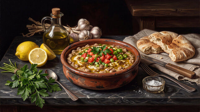 Artistic oil painting style composition of a classic oriental ful medames clay bowl topped with diced tomatoes, olive oil, and herbs, surrounded by fresh lemons, garlic bulbs, flatbread.
