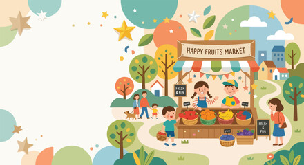 Naklejka premium This vibrant vector illustration depicts a cheerful fruit market stall run by children, set in a whimsical park with happy customers and a dog.