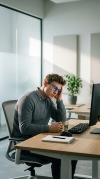 Stressed Young Businessman Experiencing Overwork And Exhaustion In Modern Office Environment