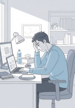 Stressed Young Adult Working Late Online Overwhelmed By Digital Tasks At Home Office Desk