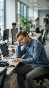 Struggling Office Worker Overwhelmed By Workload Feeling Exhausted And Burned Out