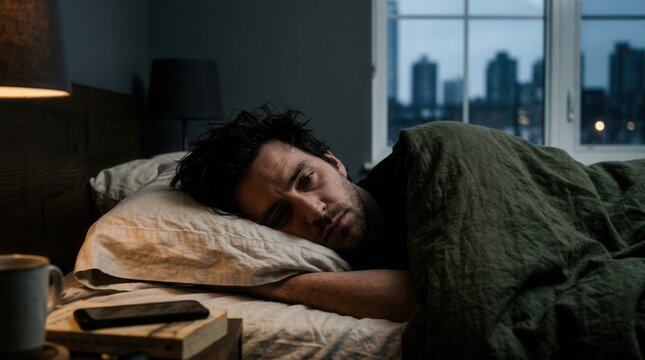 Struggling Sleeper Waking Up In Bed Looking Stressed Before Dawn