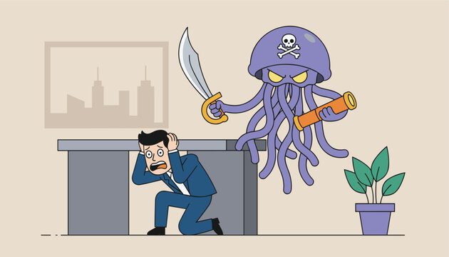 Scared businessman hiding under a desk from a giant purple pirate jellyfish monster holding a sword and spyglass, funny cartoon illustration.