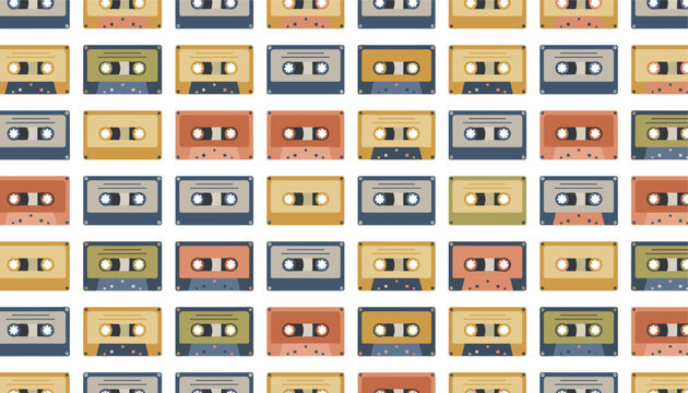 Seamless pattern of retro colorful audio cassette tapes on a white background, nostalgic 80s and 90s music theme vector illustration.