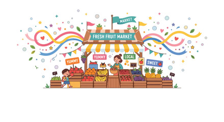 Fototapeta premium A vibrant vector illustration depicts a friendly vendor at a fresh fruit market stall, where a young boy is excitedly choosing a bright red apple.