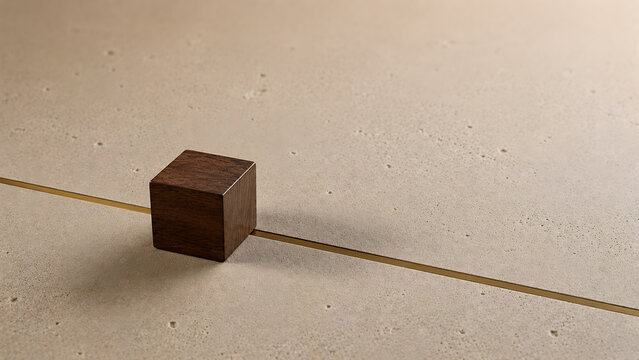 Wooden cube intersected by a thin line on textured paper with intersection geometry abstract background illustration creative perspective material direction connection alignment modeling