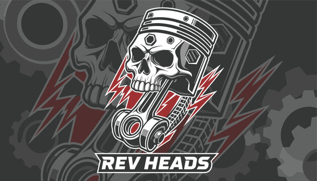 Engine piston combined with a human skull design with lightning and gears in the background for a rev heads club emblem, vector illustration.