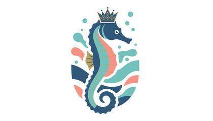 Fototapeta premium Majestic blue seahorse wearing a golden crown swims among colorful abstract ocean waves and bubbles in a stylized vector design.