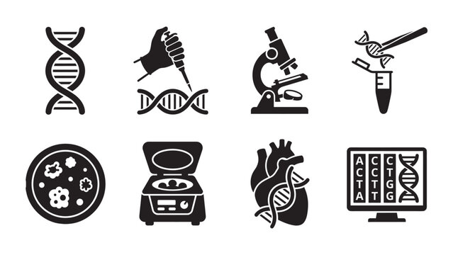 Set of eight flat black vector biotechnology and genetics research icons.