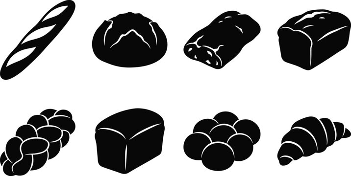 Bread and baked goods silhouette set featuring baguette, loaf, croissant, and pastry icons