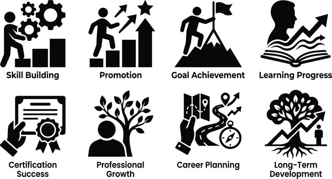 Career development and professional growth icon set with skill building, promotion, and long‑term success concepts