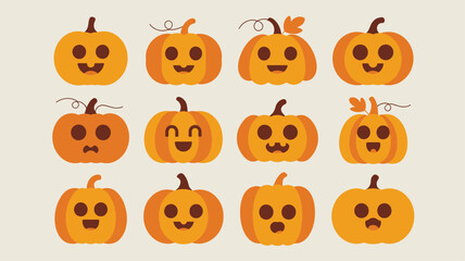 Fototapeta premium Twelve orange pumpkins displaying diverse happy, sad, and surprised facial expressions for Halloween