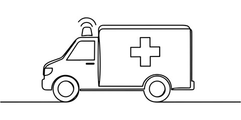 ambulance continuous one line drawing, Ambulance vehicle line with cross on side emergency medical coMinimalist one-line drawing of an ambulance in motiontinuous one line drawing in white background,  © Line sA