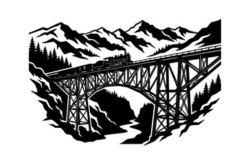 Obraz premium Black and white illustration of a metal train bridge crossing a mountain river valley with pine trees isolated on transparent background, Vector