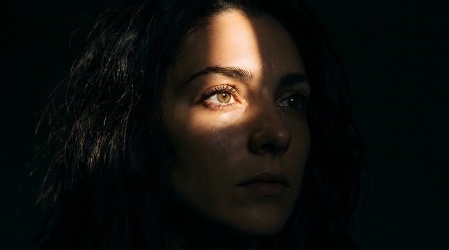 Dramatic portrait of a shadow woman face with light on one eye